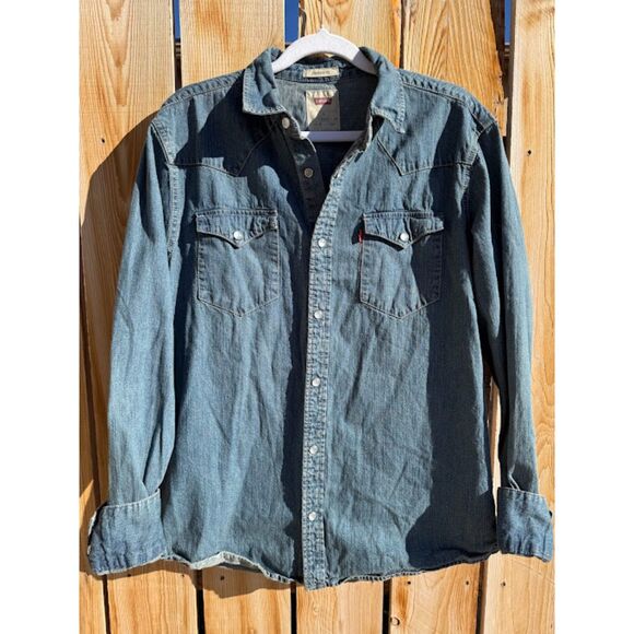 Levi's Standard Fit Bundle of 2 Blue Black Denim Snap Button Up Casual Shirts L - Picture 1 of 7